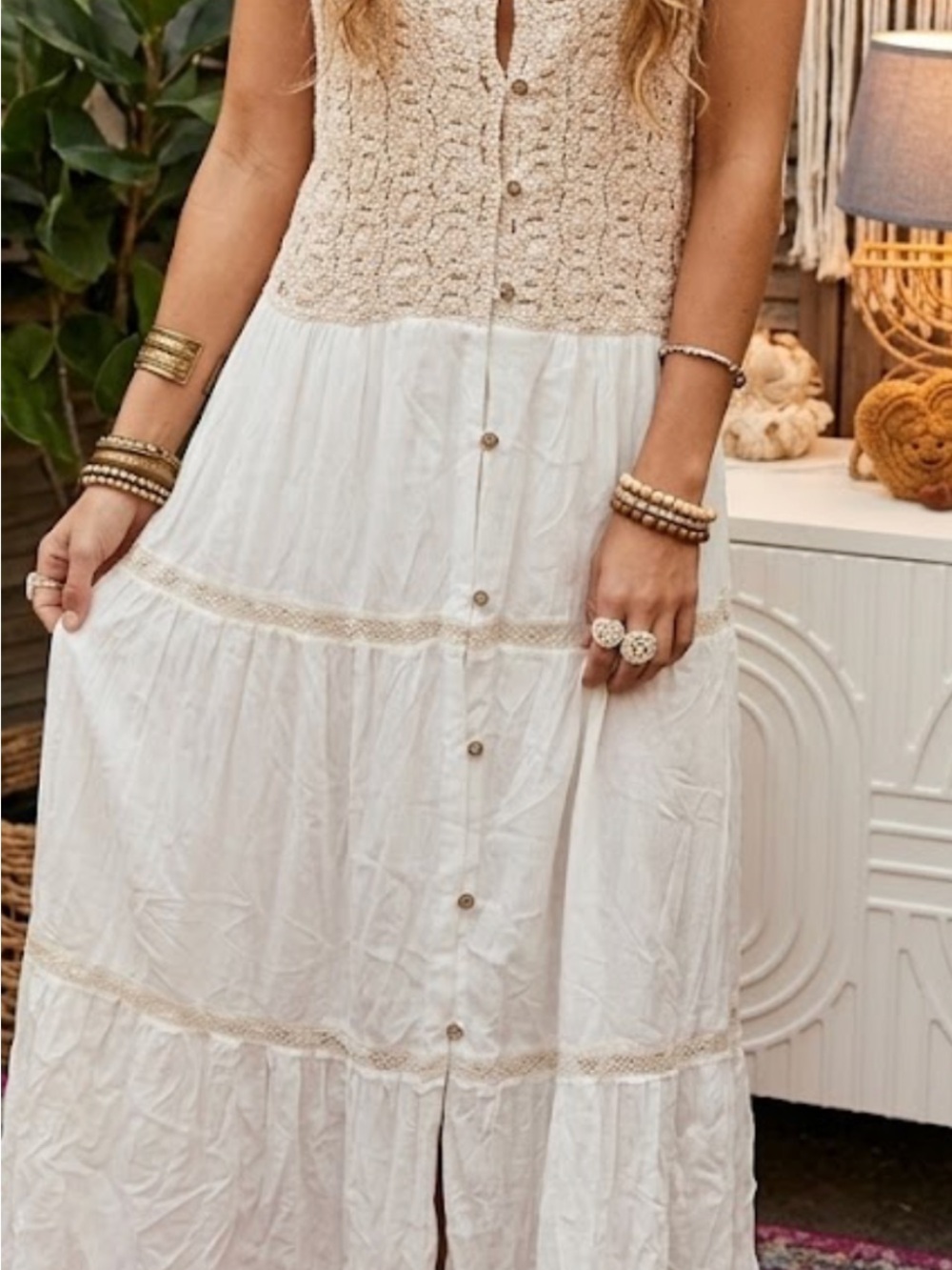 Boho Crochet Bodice Maxi Dress in Cream